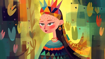 cute fairytale children book style illustration character art, cute fairytale tribal princess in forest, Generative Ai