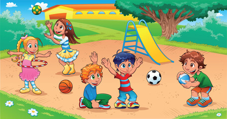 Obraz na płótnie Canvas Kids in the playground. Funny cartoon and vector scene.