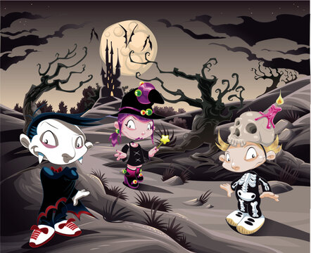 Horror landscape with characters. Cartoon and vector illustration.