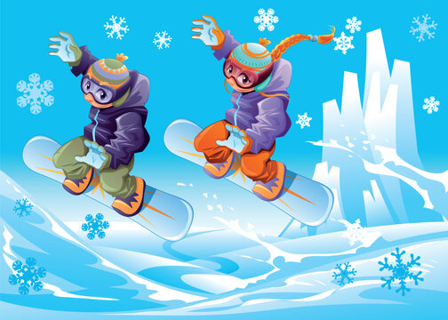 Snowboarding together. Funny cartoon and vector sport illustration.