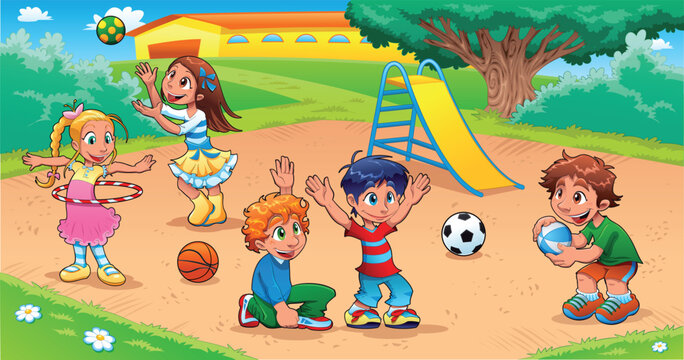 Kids in the playground. Funny cartoon and vector scene.