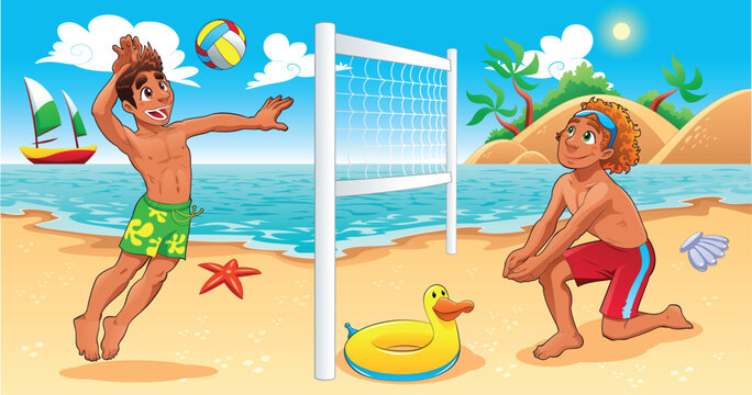 Beach Volley scene. Funny cartoon and vector sport illustration.