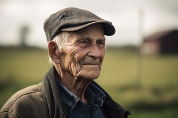 Lifestyle portrait photography of a satisfied elderly man in his 90s wearing a cool cap or hat against a countryside or rural background. Generative AI - obrazy, fototapety, plakaty
