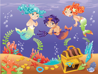 Fototapeta premium Baby Sirens and Baby Triton with background. Funny cartoon and vector illustration.