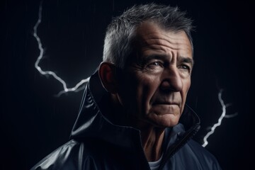 Lifestyle portrait photography of a satisfied man in his 50s wearing a comfortable tracksuit against a lightning storm or thunderstorm background. Generative AI