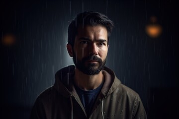 Obraz premium Portrait of a young man in the rain on a dark background