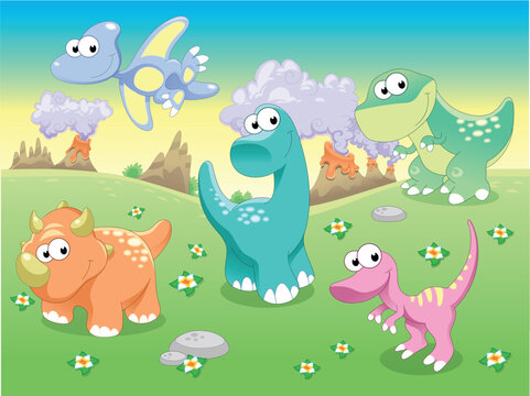 Dinosaurs Family with background. Funny cartoon and vector illustration.