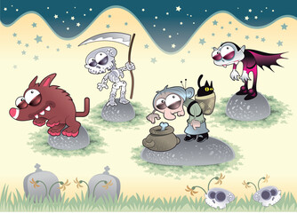 Naklejka premium Horror Family with Background. Funny cartoon and vector illustration