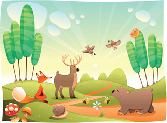 Obraz na płótnie Canvas Animals in the wood. Funny cartoon and vector illustration
