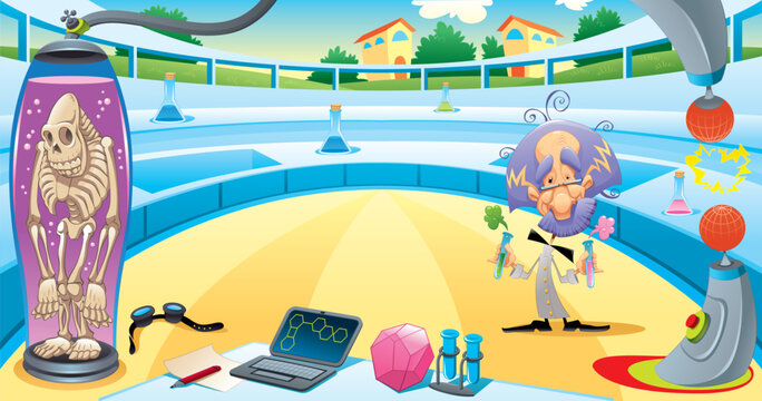 Mad scientist in the laboratory. Funny vector and cartoon illustration. Isolated objects