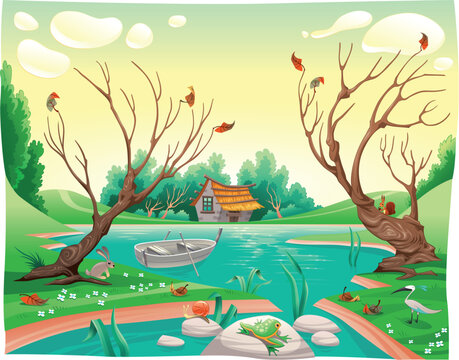 Pond and animals. Funny cartoon and vector illustration