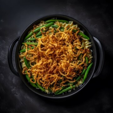 Top View, Minimalist Style, Green Bean Casserole On Black Smooth Round Plate, U.S. Dish