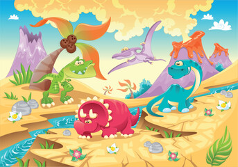 Dinosaurs Family with background. Funny cartoon and vector characters