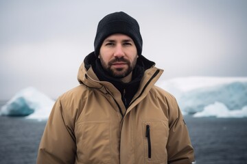 Fototapeta na wymiar Portrait of a bearded man in a yellow jacket against the backdrop of icebergs in Antarctica