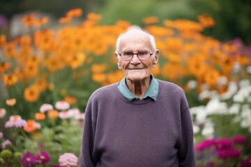 Naklejka na ściany i meble Portrait of an elderly woman with glasses in a flower garden.