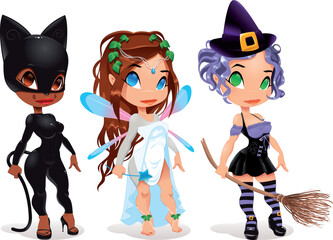 Pussy, Fairy and Witch. Cartoon and vector characters. Objects isolated