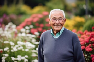 Portrait of a senior man smiling at camera in a flower garden
