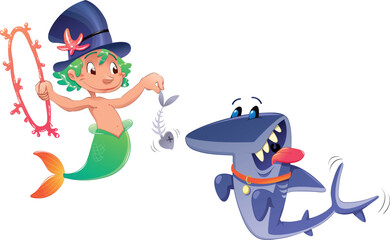 Triton with shark. Funny cartoon and vector characters.