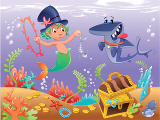 Triton with shark. Funny cartoon and vector characters.