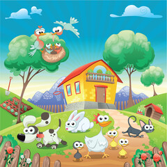 Home with Animals. Funny cartoon and vector illustration. Isolated objects.