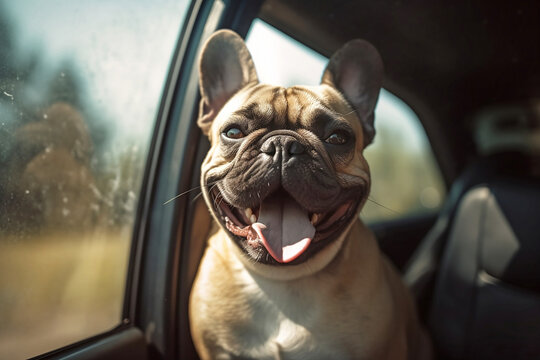 Panting French Bulldog dog locked inside a car in summer. Generative AI illustration
