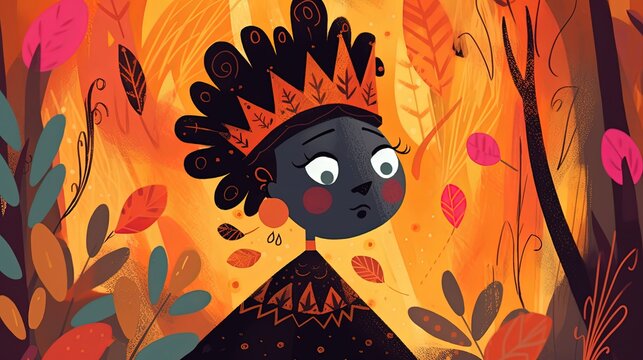 cute fairytale children book style illustration character art, cute fairytale tribal Venezuela princess in forest, Generative Ai