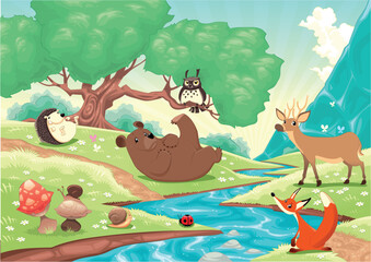Animals in the wood. Cartoon and vector landscape, isolated objects.