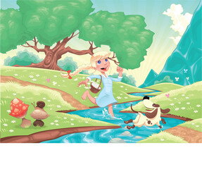 Obraz premium Young girl is running with dog in the nature. Funny cartoon and vector scene, isolated objects.