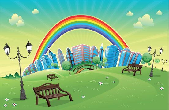 Park with rainbow. Funny cartoon and vector scene.