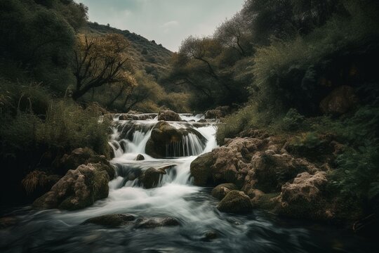 Beautiful natural waterfall landscape. Generative AI