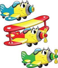 Obraz na płótnie Canvas Cartoon airplanes. Funny vector characters, isolated objects