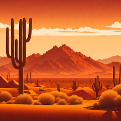 Cinco de Mayo   serene desert landscape bathed in the warm glow of the setting sun, cactus silhouetted against the sky. rolling hills of sand are dotted with tufts of desert grass and small shrubs. Ai