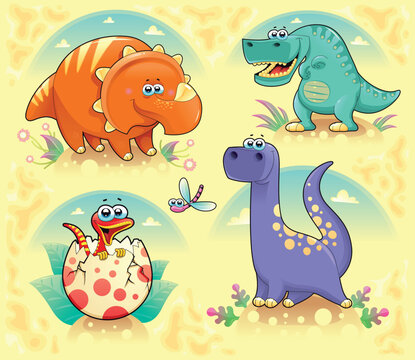 Group of funny dinosaurs. Cartoon and vector isolated characters on background