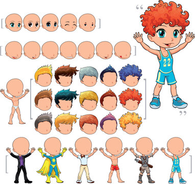 Avatar boy, vector illustration, isolated objects.     All the elements adapt perfectly each others. Larger character on the right is just an example. 5 eyes, 7 mouths, 15 hair and 7 clothes. Enjoy!!