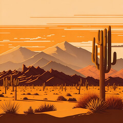 Cinco de Mayo | serene desert landscape bathed in the warm glow of the setting sun, cactus silhouetted against the sky. rolling hills of sand are dotted with tufts of desert grass and small shrubs. Ai