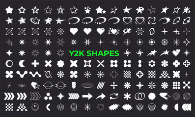 Set of Abstract geometric Y2k shapes trending retro futuristic design elements, infographic shapes. Modern trendy concept with symbols and objects. Retrofuturistic Vector illustration for UI and UX