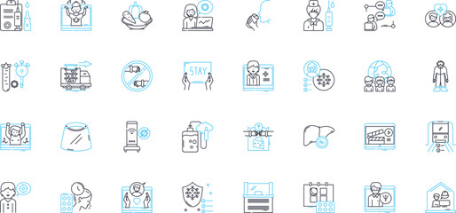 Virus spread linear icons set. Contagion, Infectious, Outbreak, Epidemic, Pandemic, Transmission, Infected line vector and concept signs. Isolation,Quarantine,Virus outline illustrations