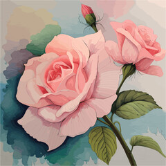 Beautiful framed with rose, ultra detailed vector floral illustration, soft pastel colors