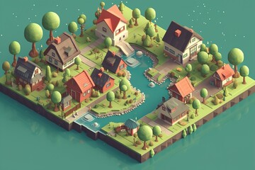 Obraz premium suburban area with cozy houses 3d model isometric