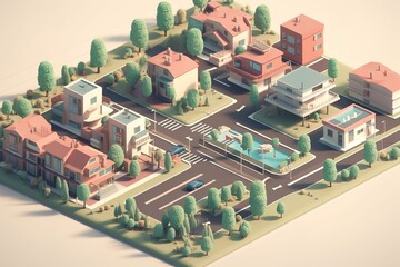 suburban area with cozy houses 3d model isometric