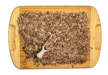 Background made of dried brown oak bark for medical use. Oak bark backdrop. Quercus cortex - herb.
