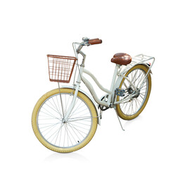 beautiful white and brown and yellow bicycle on white background, object, transpotation, decor, fashion, banner, copy space