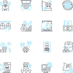 Fiscal dilemma linear icons set. Budget, Debt, Deficit, Taxes, Inflation, Spending, Revenue line vector and concept signs. Economic,Cuts,Austerity outline illustrations