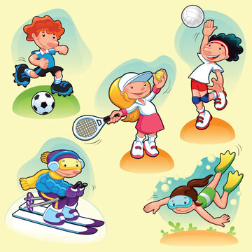 Sport characters with background. Cartoon vector illustration.