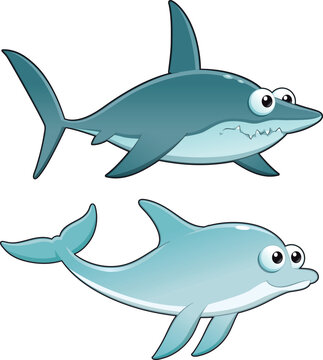 Dolphin and Shark. Funny cartoon and vector isolated characters.