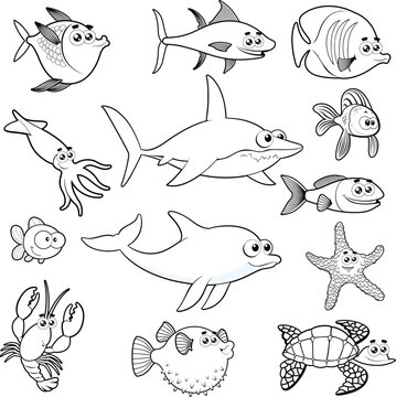 Family of funny fish. Vector isolated black and white characters.