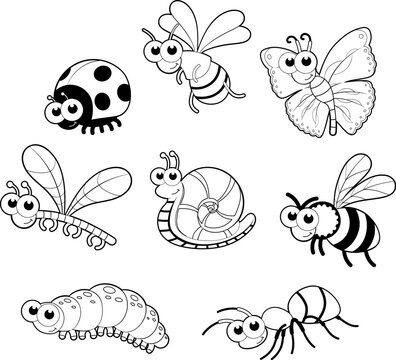 Bugs + 1 snail. Vector isolated black and white characters.