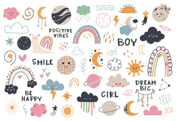 Set of cute hand draw rainbow, sun, cloud, star, weather in boho style. Cartoon doodle clipart elements for nursery. Design for shower invitation card, birthday, children's party, book cover, poster © anya