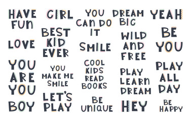 Cute hand drawn phrases with rainbow, sun, stars, cloud in boho style. Cartoon doodle print for nursery. Design for shower invitation card, birthday, children's party, book cover, poster