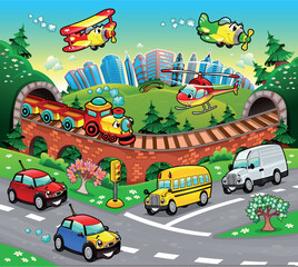 Obraz na płótnie Canvas Funny vehicles in the city. Cartoon and vector illustration.